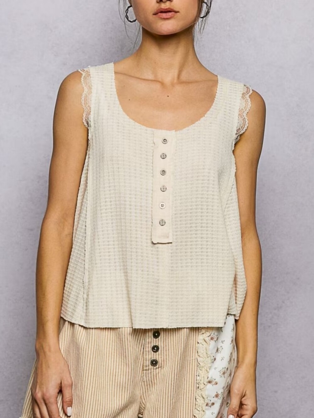 306. POL Bohemian Sleeveless Cream Waffle Knit Button-Front Top - Women